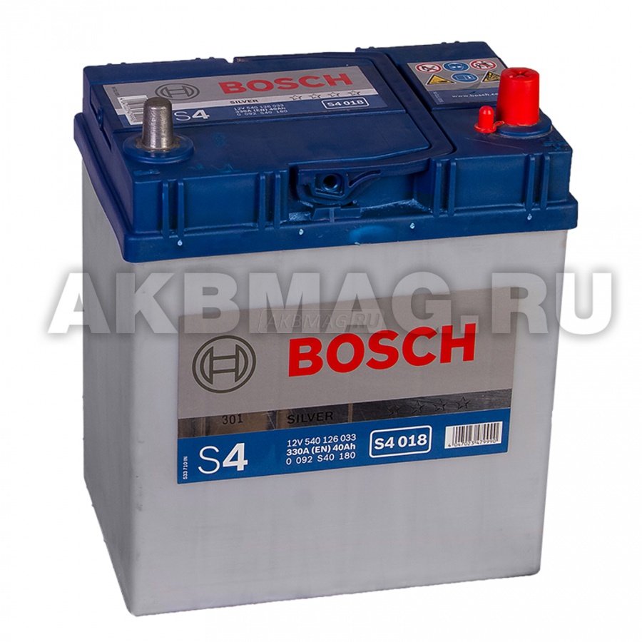 

BOSCH S4 018 (40R) 330А Обратная полярность 40 Ач (187x127x227)